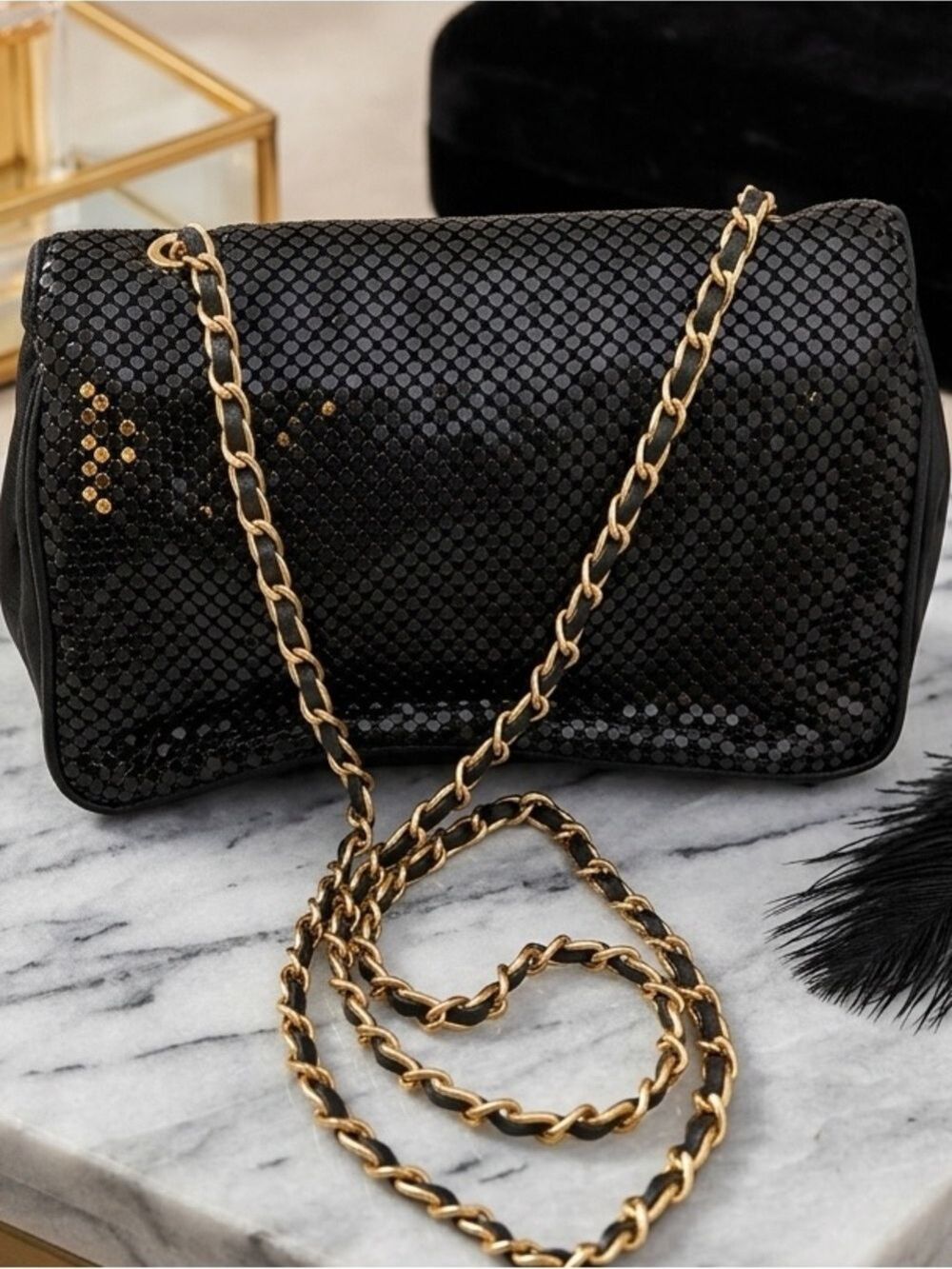 Whiting & Davis Black Metal Mesh and Leather Clutch with Gold Chain